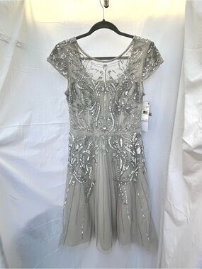 Aidan Mattox by Adrianna Papell Silver Beaded Cocktail Dress Size 4 NWT